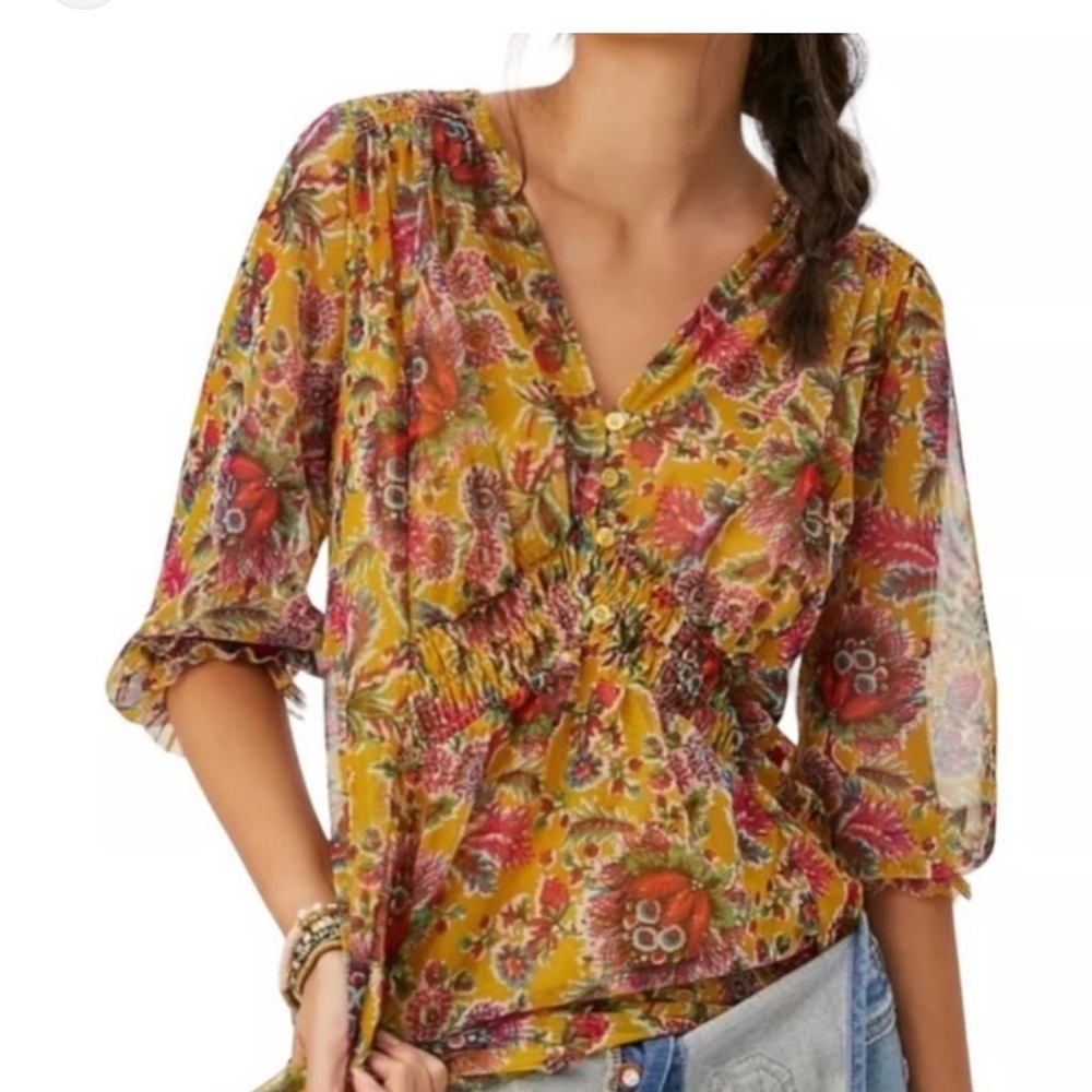 Anthropologie Gretchen smocked  gold  & rust top lined NWT XS